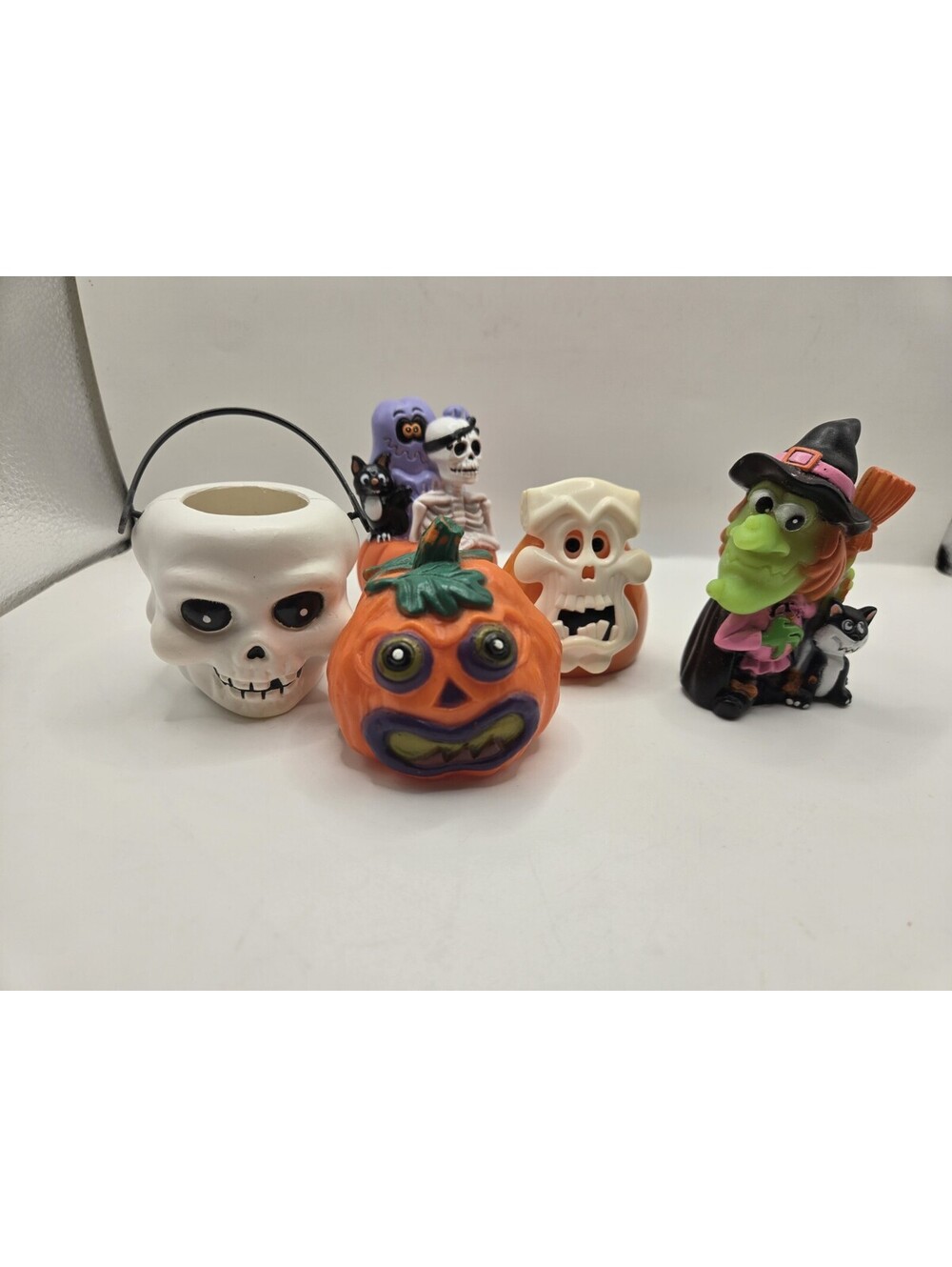 Vtg 90s Halloween Lot Of 5 Toys Witch Cat Figure Fun World Skull Candy Bucket